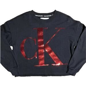 Calvin Klein Black Sweatshirt Red Holiday Sequin CK Logo Women’s S